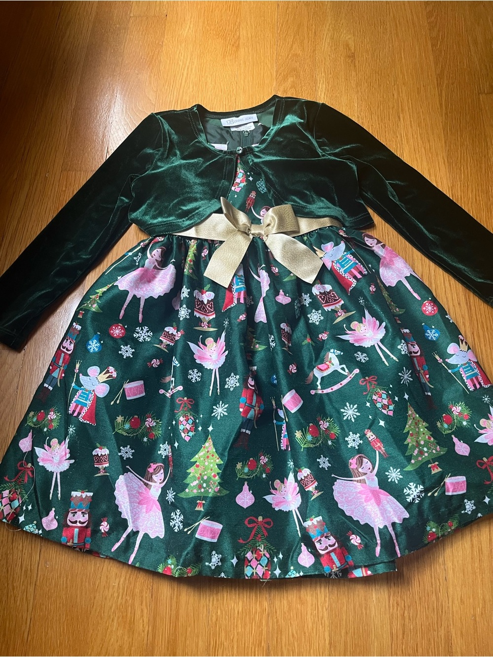 Girls' Holiday Nutcracker Green Dress with Gold Bow Size 4T